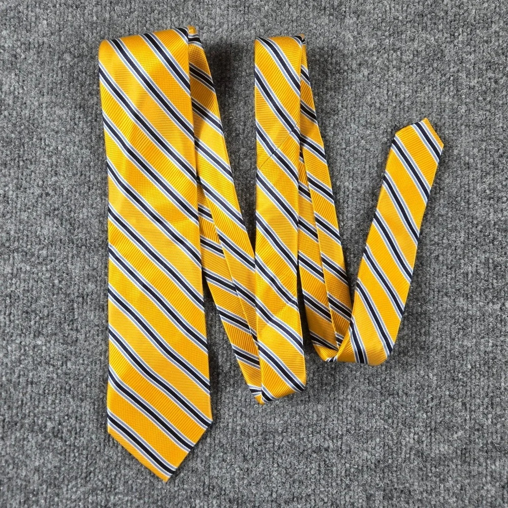 The Tie Bar Necktie Mens Yellow Navy Blue Striped 100% Silk Stain Resistant
